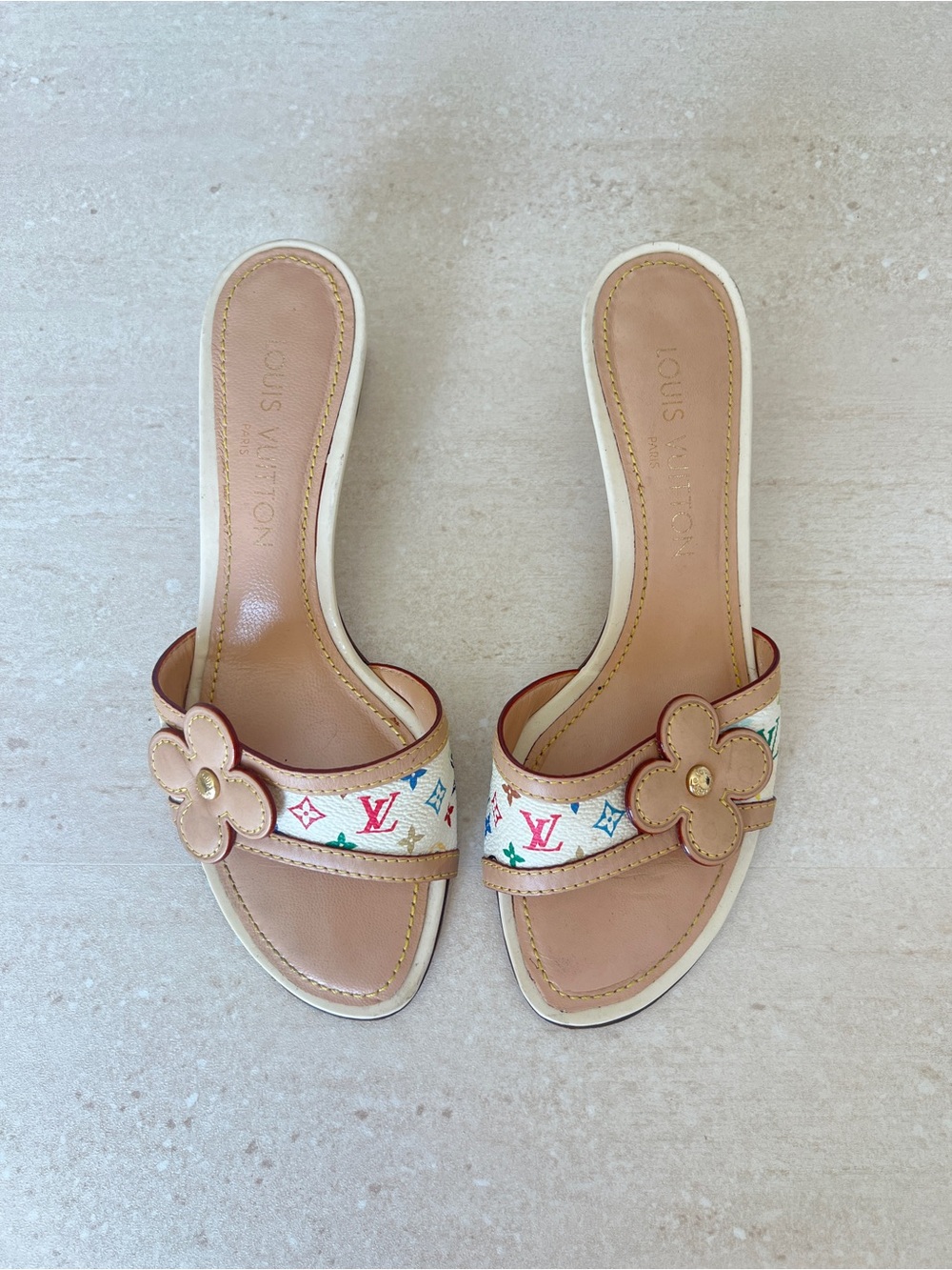Louis Vuitton Beige Multicolor Monogram Flower Slide Mules